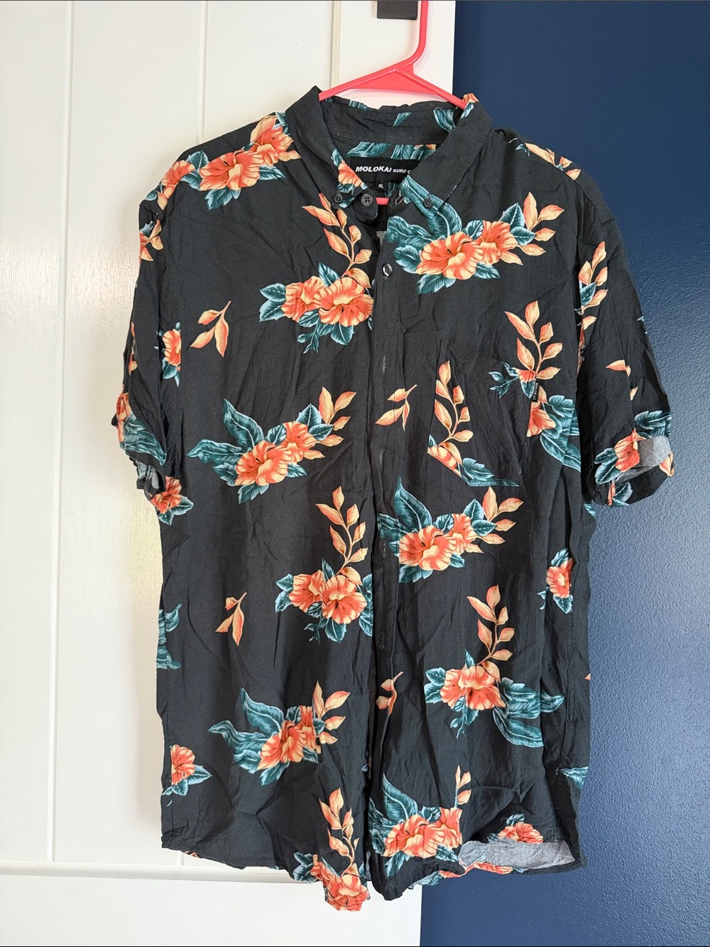 Lokai Black Short-Sleeve Button-Down Shirt with Orange Floral and Teal Leaves